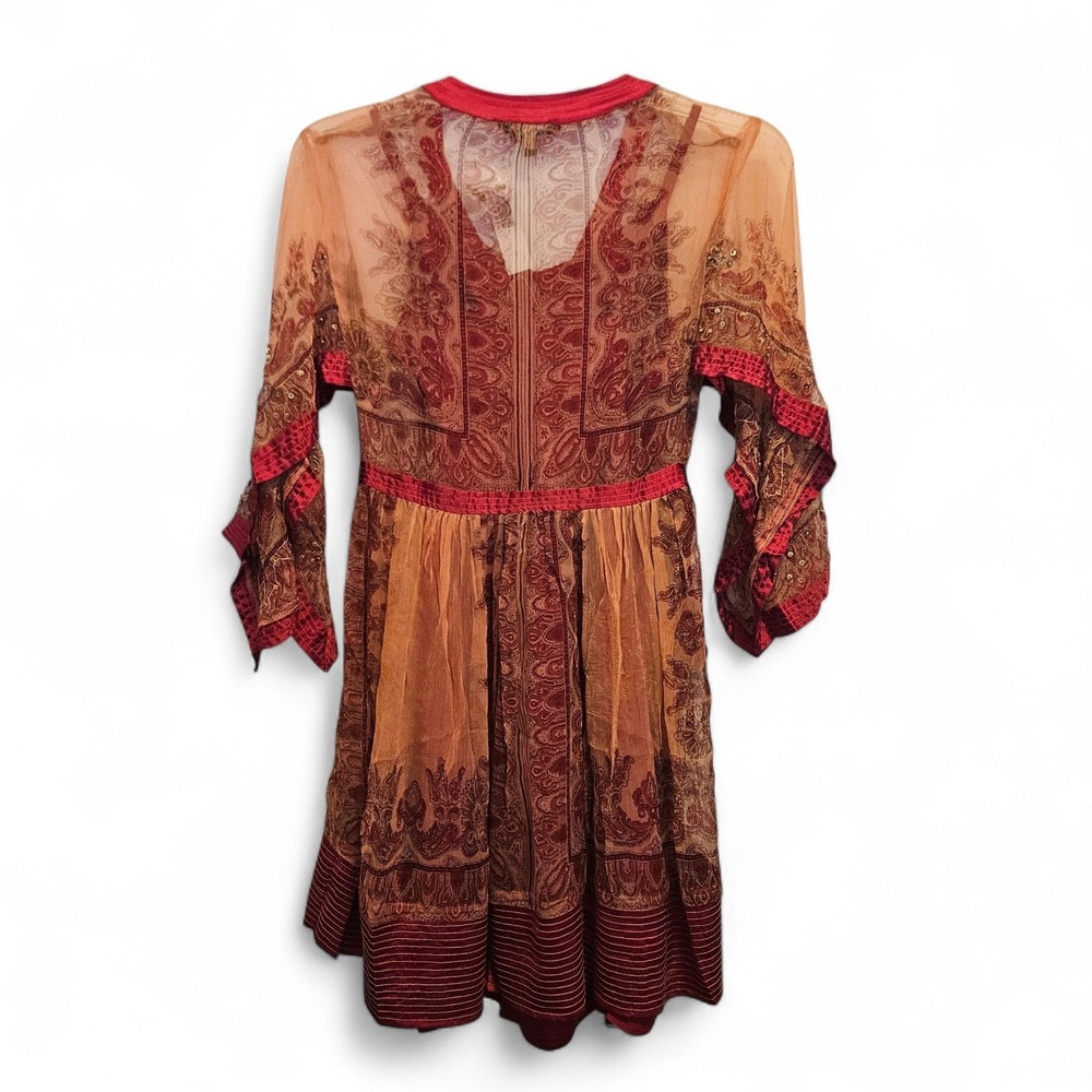 Chaudry Kaftan Slip Dress Small Red Embroidered Mesh Flowy Sleeves Beaded Boho - Picture 7 of 15